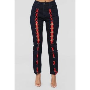 Fashion Nova Revamped Red Lace Up High Rise Jeans Size 9